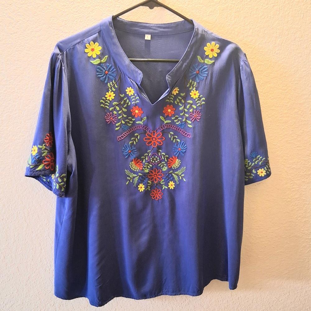 Blue Embroidered Floral Tunic